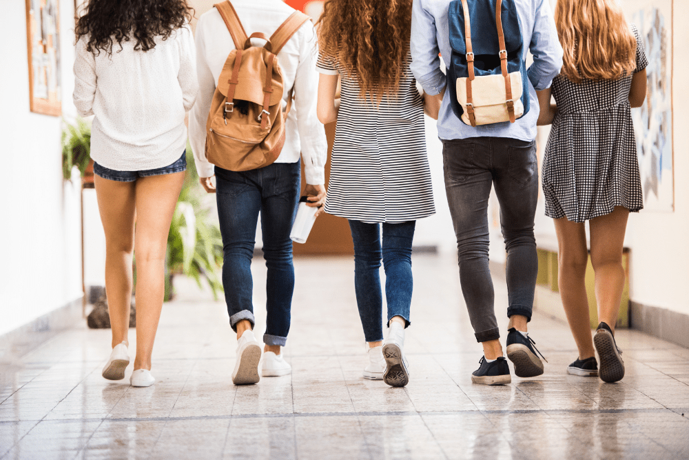 Gruppo di ragazzi che camminano nel corridoio di una scuola superiore nel contesto della plusdotazione scuole superiori
