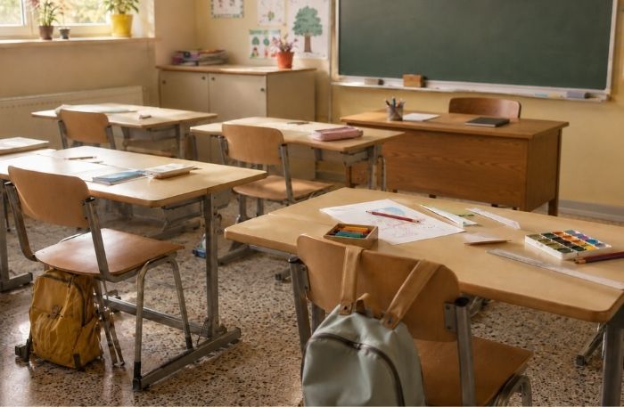 scena di un autla di scuola con quaderni sui banchi