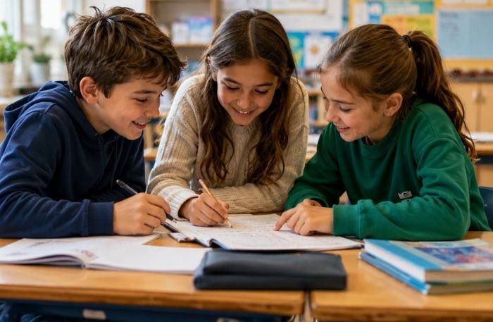 scena di collaborazione fra studenti in classe