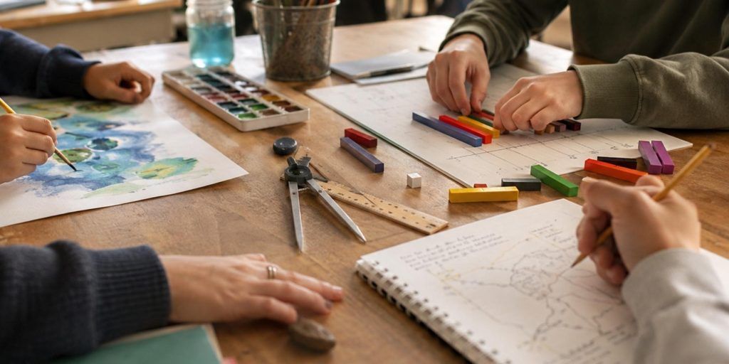 Scena fra i banchi di una scuola, con bambini impegnati, all'insegna di una differenziazione didattica che tenga conto della plusdotazione