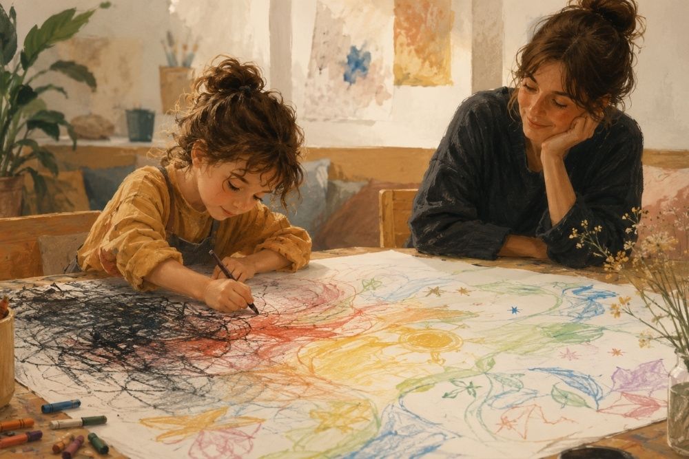 bumba che disegna liberamente con un adulto che le sta affianco senza giudizio