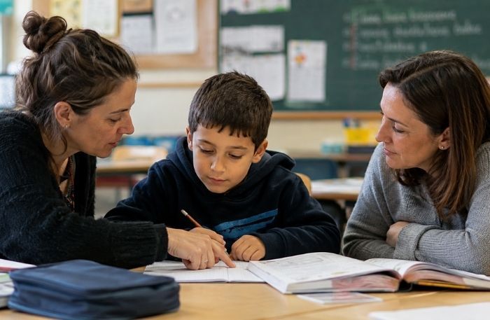foto di una mamma con figlio e insegnante a scuola