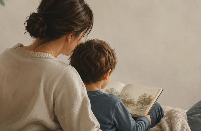 disegno di una mamma che legge con suo figlio